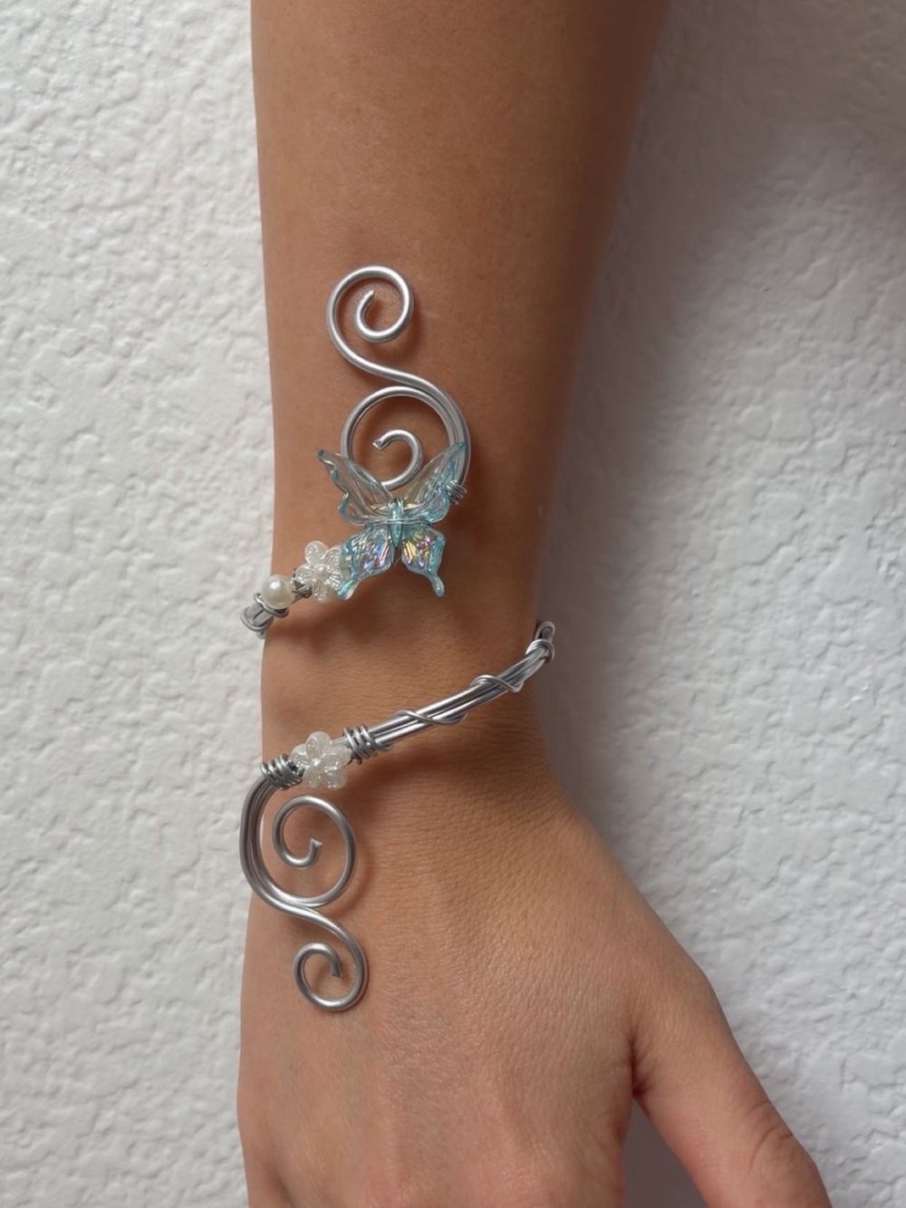 Handcrafted Silver Butterfly Wrap Bracelet - Iridescent Blue Accent